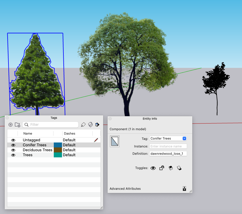 Панель Tags и Entity Info в SketchUp