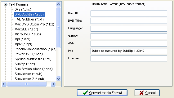 Окно Set Output Format в SubRip (список форматов, Convert to this Format)