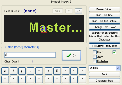 Окно ввода неизвестного символа в SubRip (OCR-обучение, Change Text Color, Character Map)