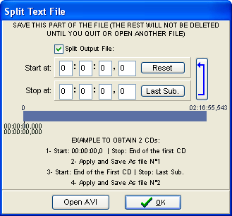 Окно Split Text File в SubRip (Split Output File, Open AVI, Start/Stop timecode)
