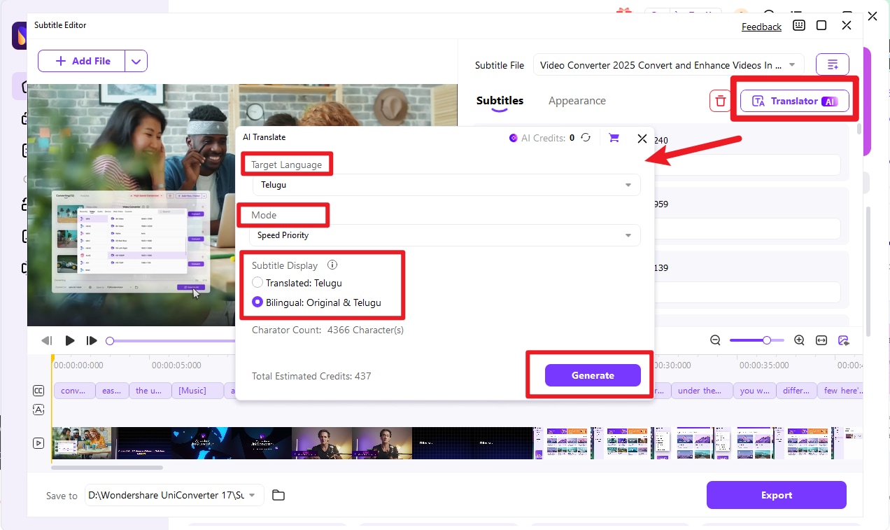 Перевод и редактирование субтитров в Wondershare UniConverter