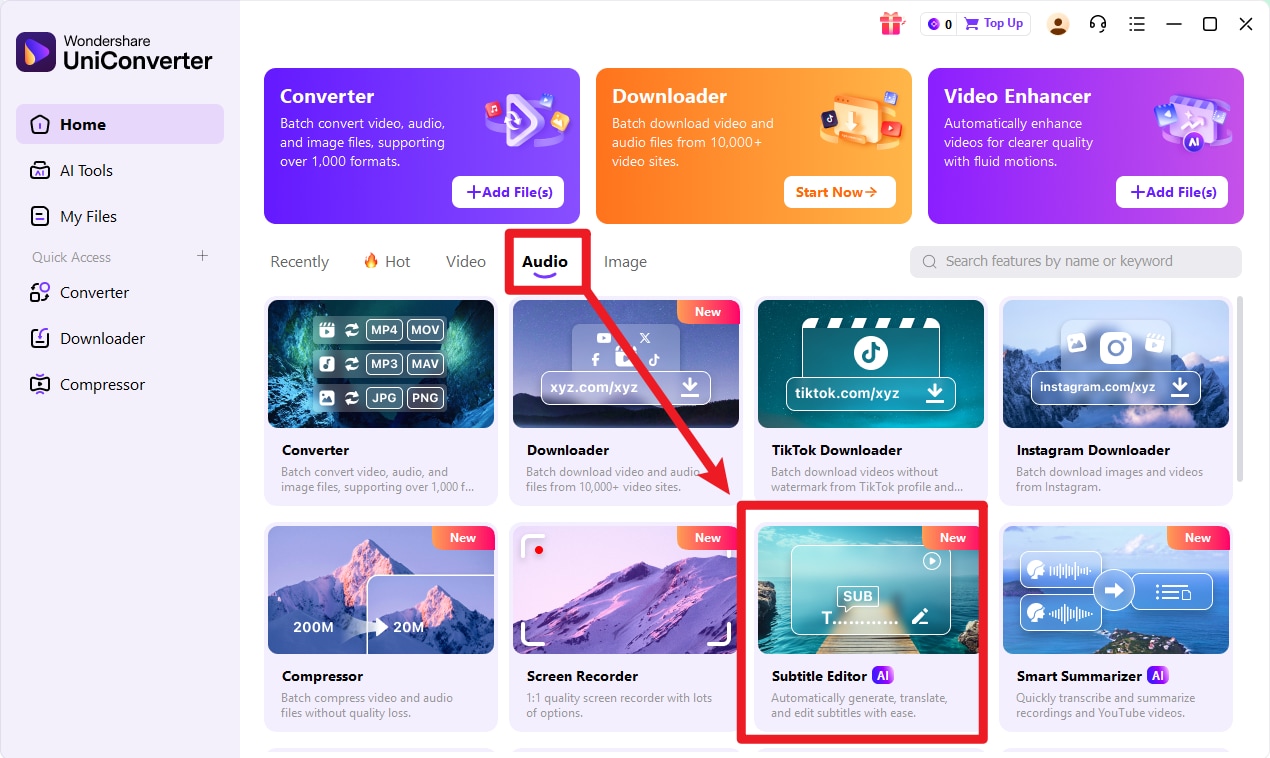 Запуск Subtitle Editor в Wondershare UniConverter