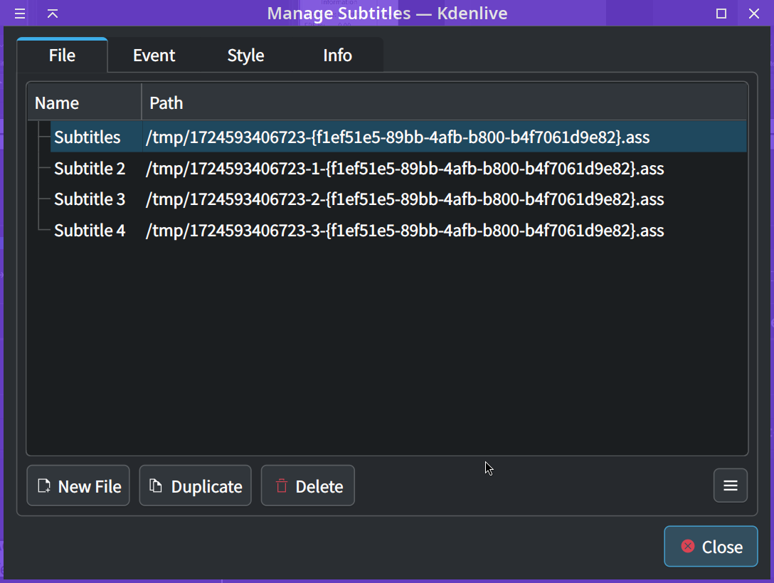 Окно Manage Subtitles (несколько subtitle-файлов внутри проекта)