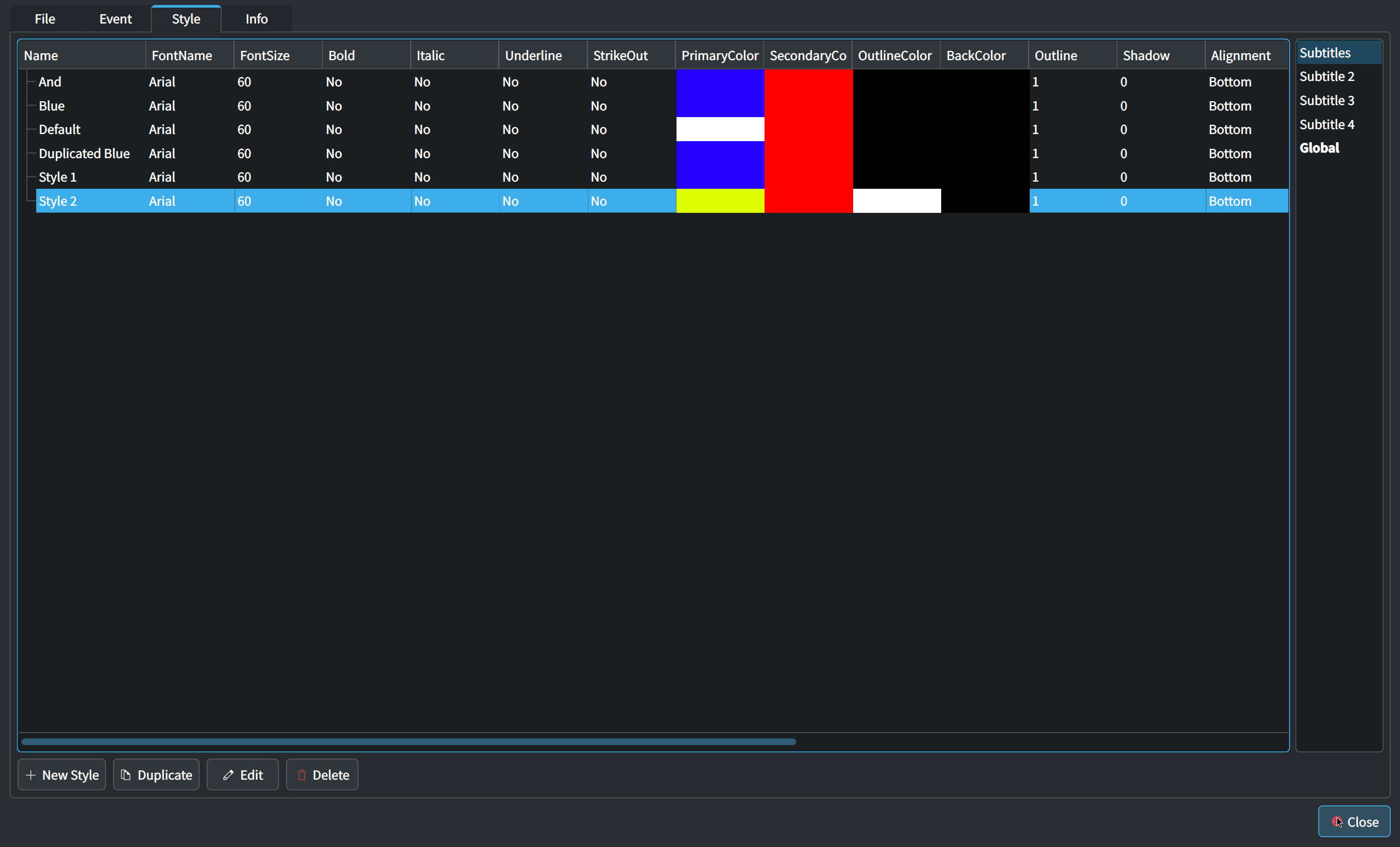 Вкладка стилей в Subtitle Manager (настройка стиля субтитров)
