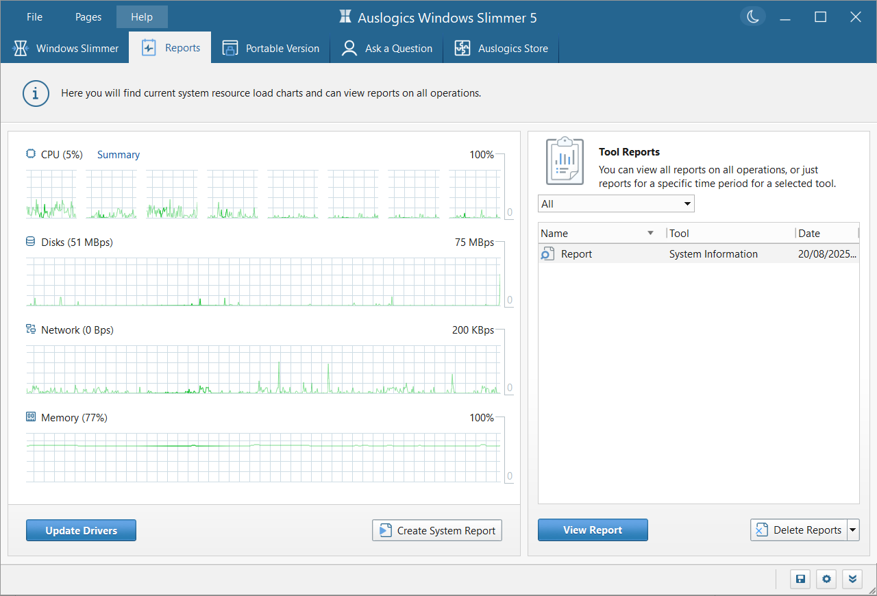 Раздел Reports в Auslogics Windows Slimmer