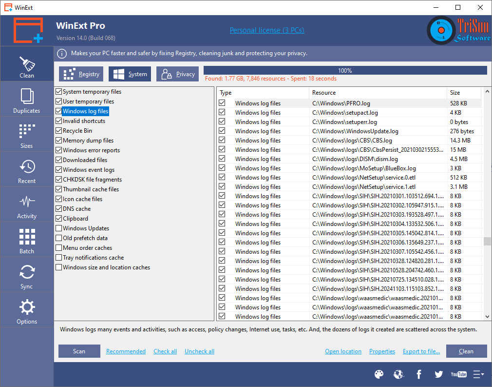 WinExt Free — очистка системных файлов в разделе System