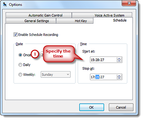 Планировщик записи: задание времени Start at и Stop at
