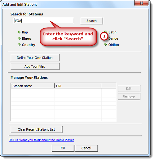 Окно Add and Edit Stations: поиск по ключевому слову и управление списком