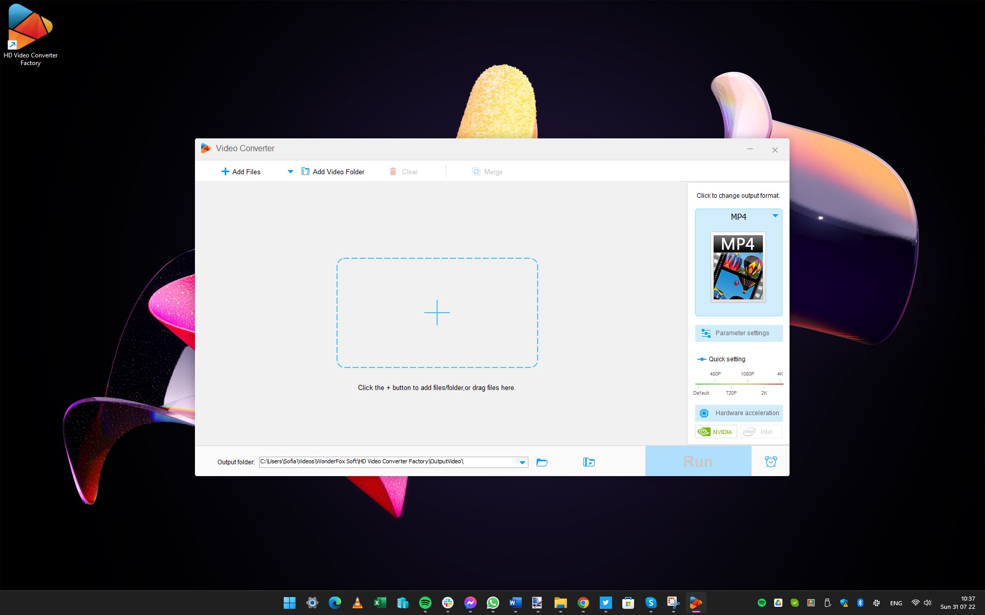 Пустое окно модуля Converter: Add Files, Add Video Folder, выбор формата справа и кнопка Run