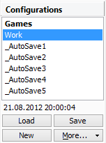Chameleon Startup Manager: список конфигураций Games, Work и AutoSave с кнопками Load, Save, New, More
