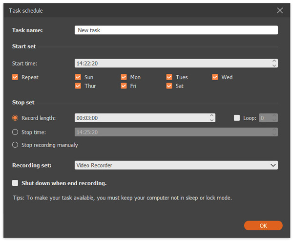 Планировщик записи Task Schedule в FoneLab Screen Recorder