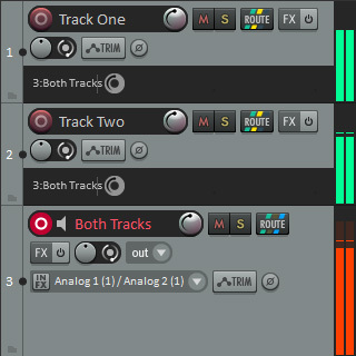 Панель дорожек REAPER с основными кнопками записи и маршрутизации