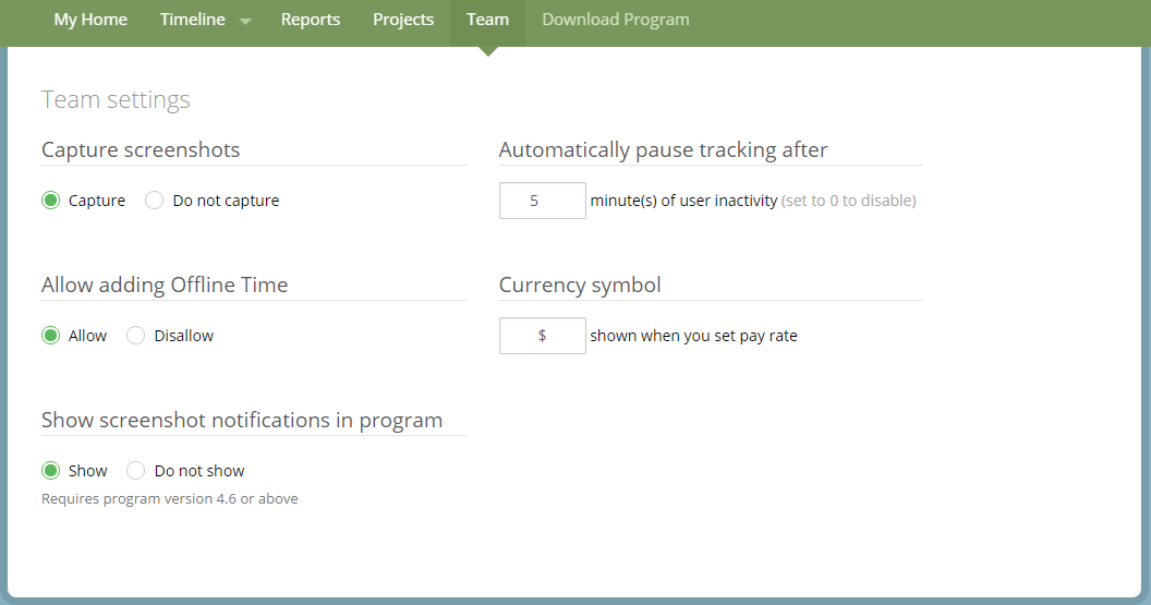 Страница Team settings в Screenshot Monitor