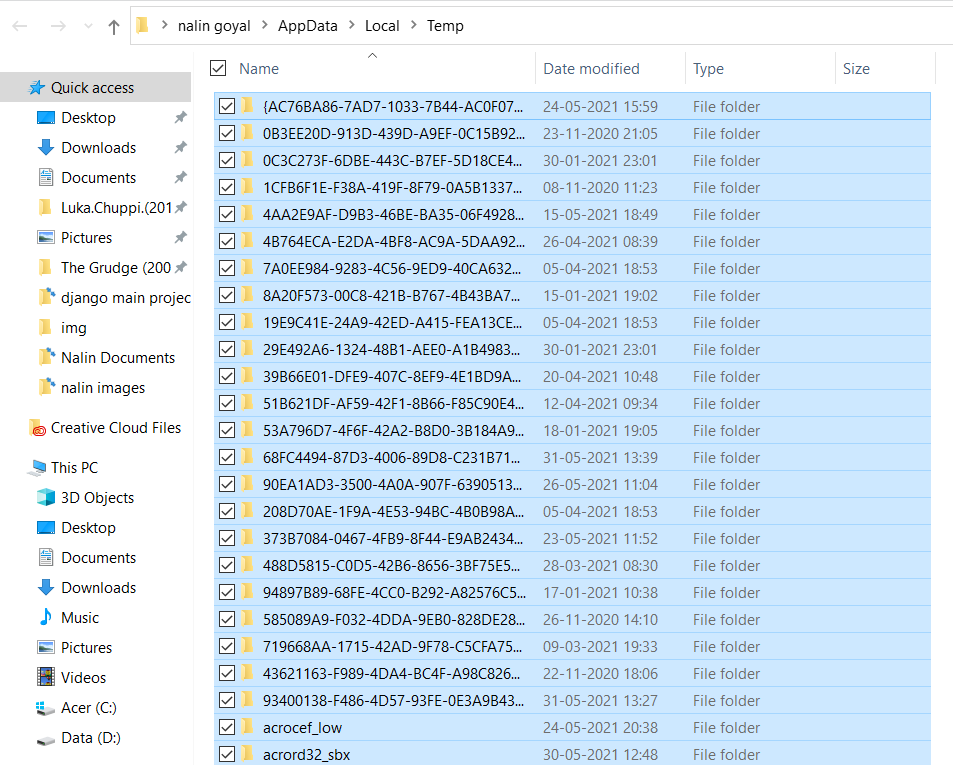 Папка пользовательского Temp перед удалением