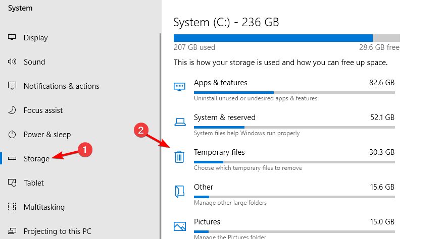 Раздел Временные файлы