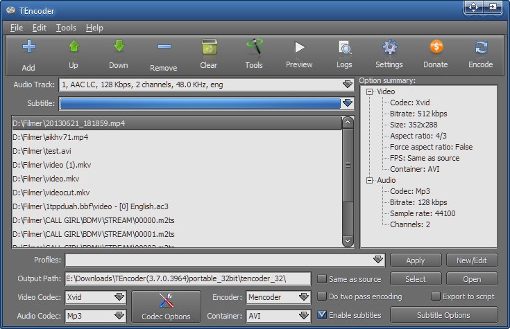 Главное окно TEncoder Video Converter с очередью файлов, выбором кодеков, контейнера и блоком Option summary