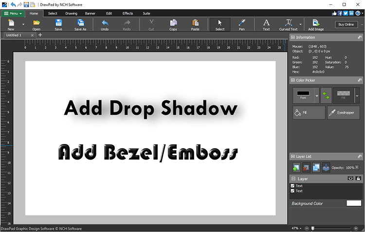 Текстовые эффекты DrawPad: Drop Shadow и Bevel/Emboss