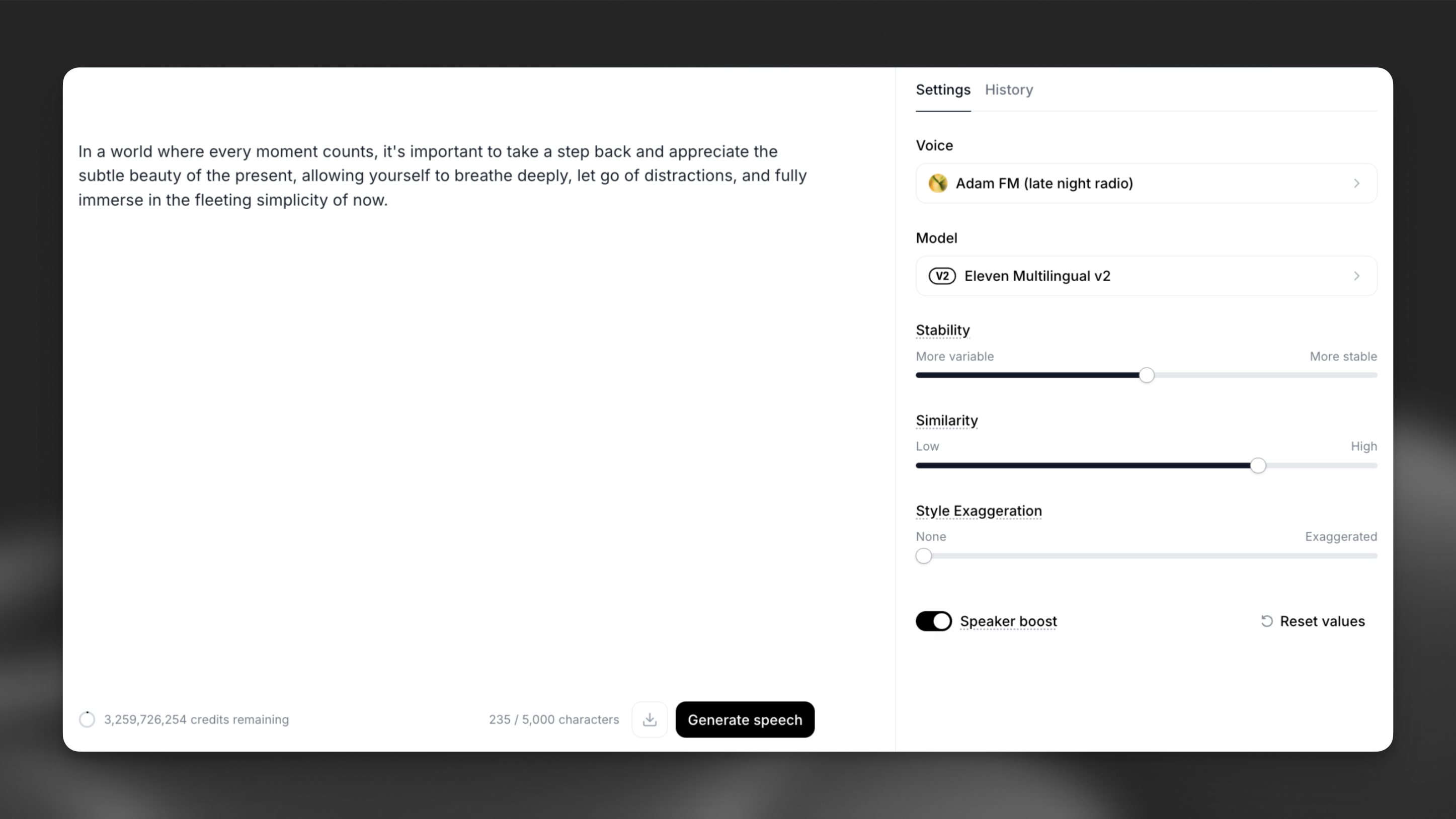 Интерфейс ElevenLabs Text to Speech