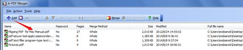 Главное окно A-PDF Merger со списком PDF-файлов и кнопками Add, Merge Method, Merge