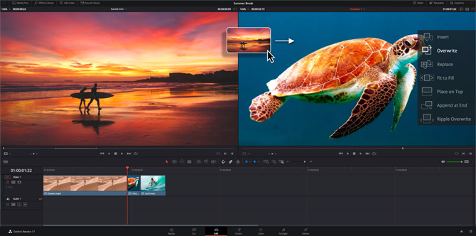 Интерфейс DaVinci Resolve Edit с таймлайном, медиапулом и окном просмотра