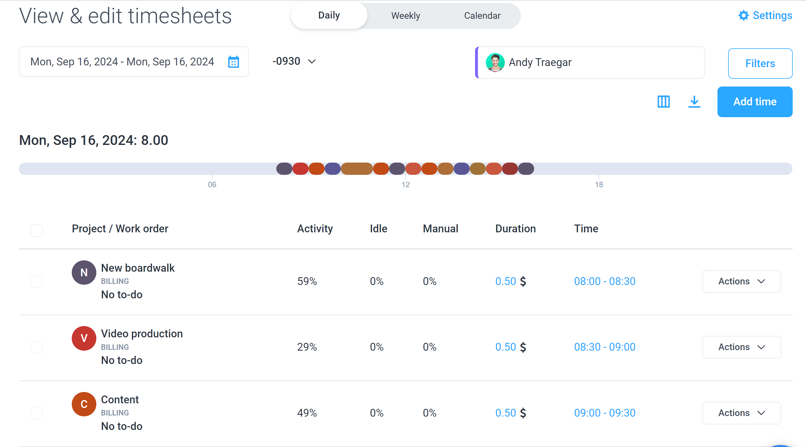 Экран View & edit timesheets в Hubstaff