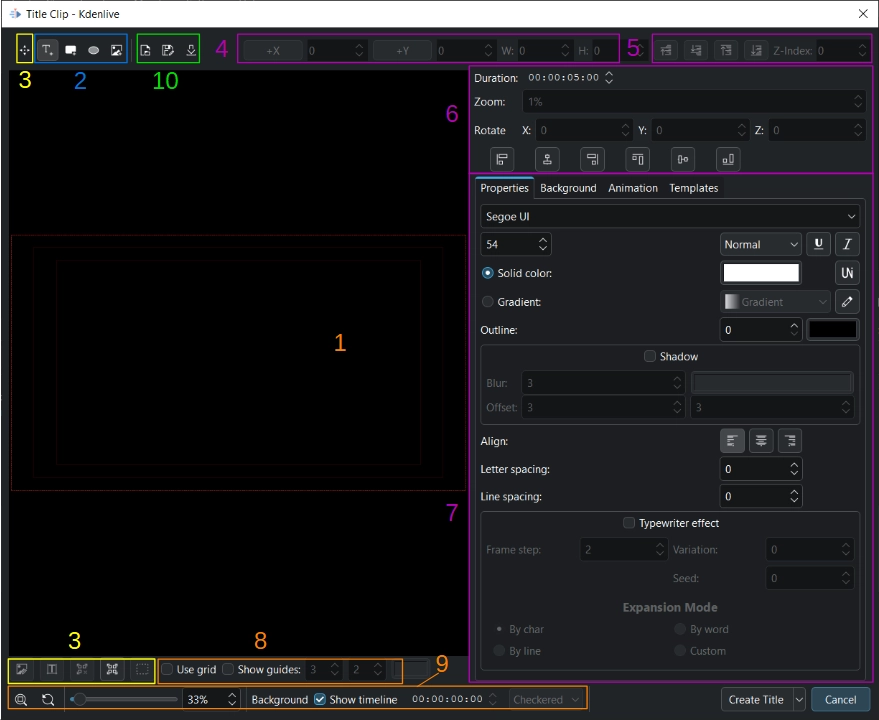 Интерфейс Titler в Kdenlive (рабочая область, панели инструментов, свойства)