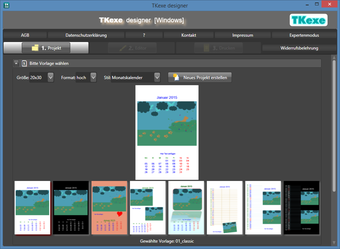 Стартовая страница TKexe Kalender с выбором проекта и шаблонов