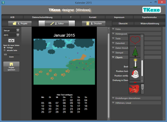 Рабочее окно редактора TKexe Kalender с правой панелью элементов