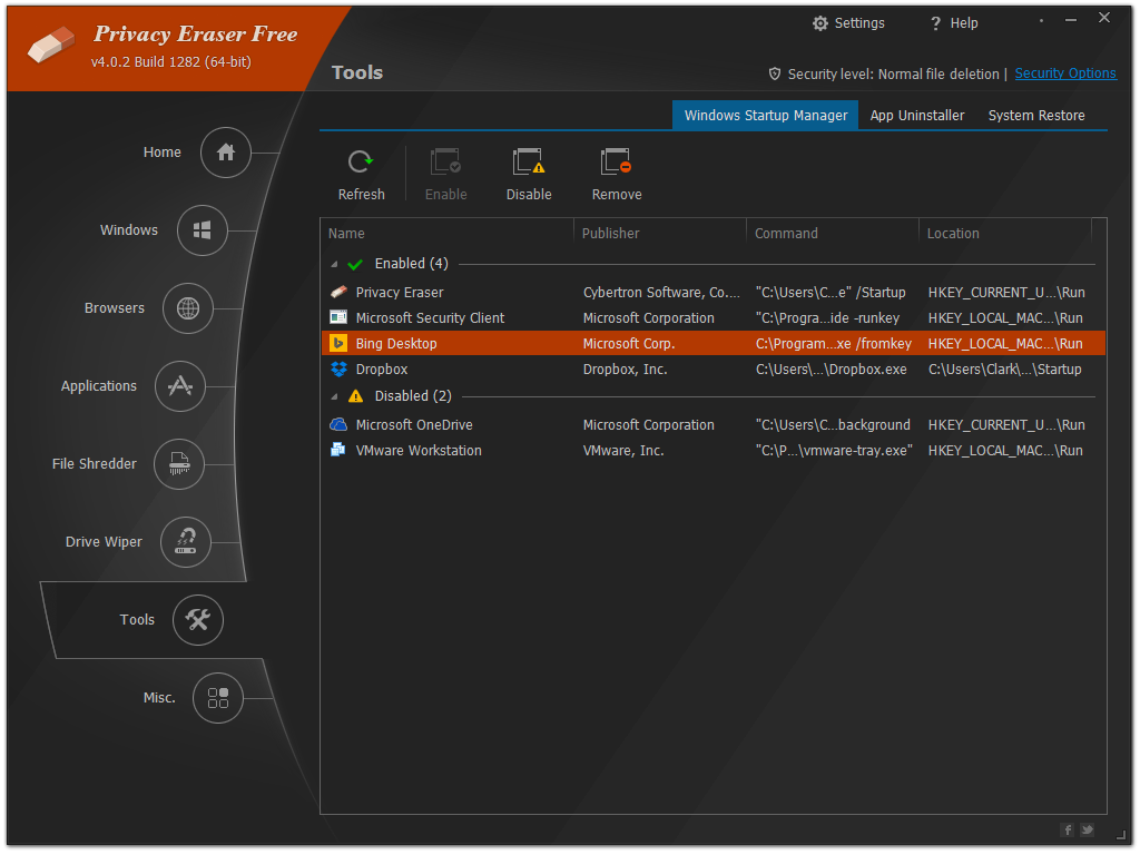 Инструменты Privacy Eraser: Windows Startup Manager, App Uninstaller и System Restore