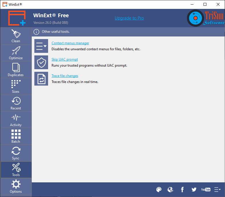 WinExt Free — общий вид раздела Tools с дополнительными инструментами