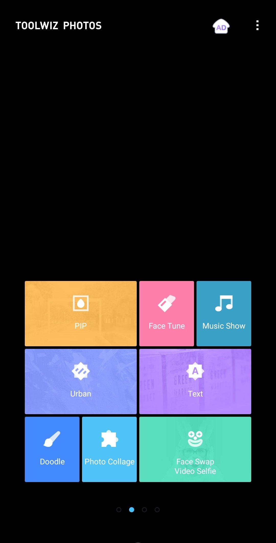Вторая страница главного экрана Toolwiz Photos с режимами PIP, Face Tune, Music Show, Urban, Text, Doodle, Photo Collage и Face Swap Video Selfie
