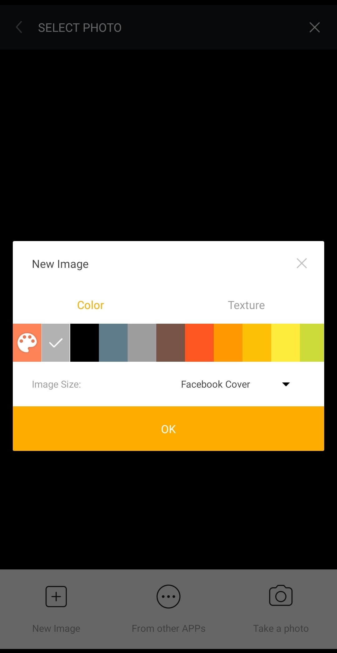 Диалог New Image в Toolwiz Photos с выбором цвета, текстуры и размера изображения