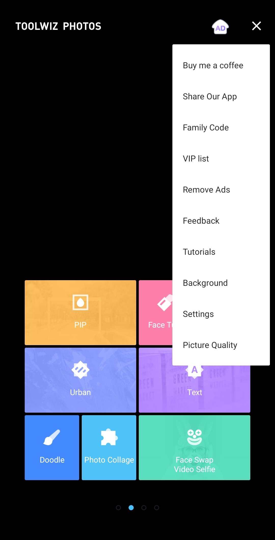 Меню Toolwiz Photos с пунктами Buy me a coffee, Share Our App, Family Code, VIP list, Remove Ads, Feedback, Tutorials, Background, Settings и Picture Quality