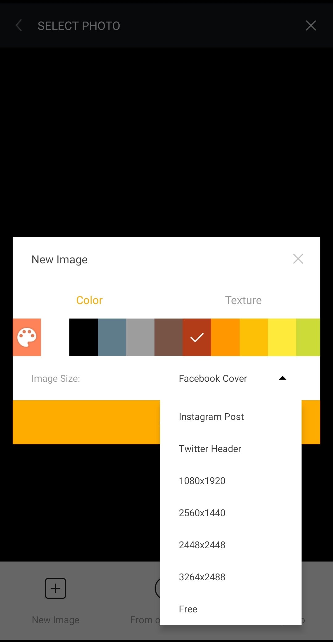 Выбор размера нового изображения в Toolwiz Photos: Instagram Post, Twitter Header, 1080x1920, 2560x1440, 2448x2448, 3264x2488 и Free