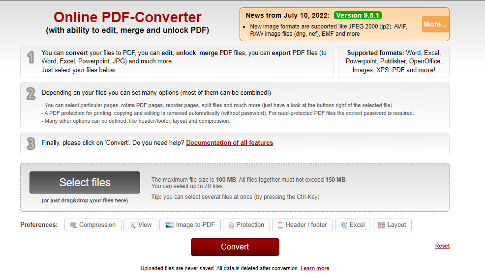 Интерфейс Online2PDF