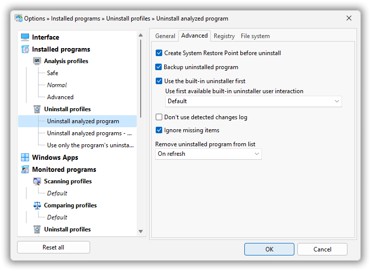 Настройки профиля удаления в Total Uninstall