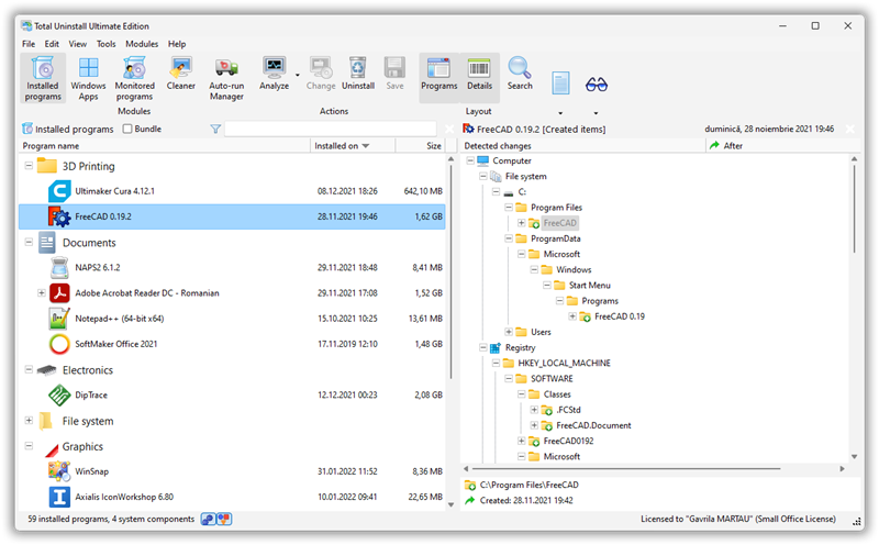 Detected changes в модуле Installed programs