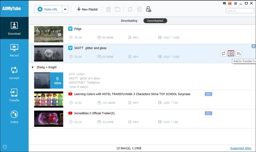 Передача видео через Transfer в Wondershare AllMyTube