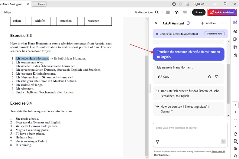 Перевод PDF через инструменты Adobe Acrobat и AI Assistant