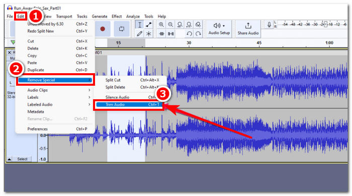 Выделение фрагмента звуковой дорожки в Audacity