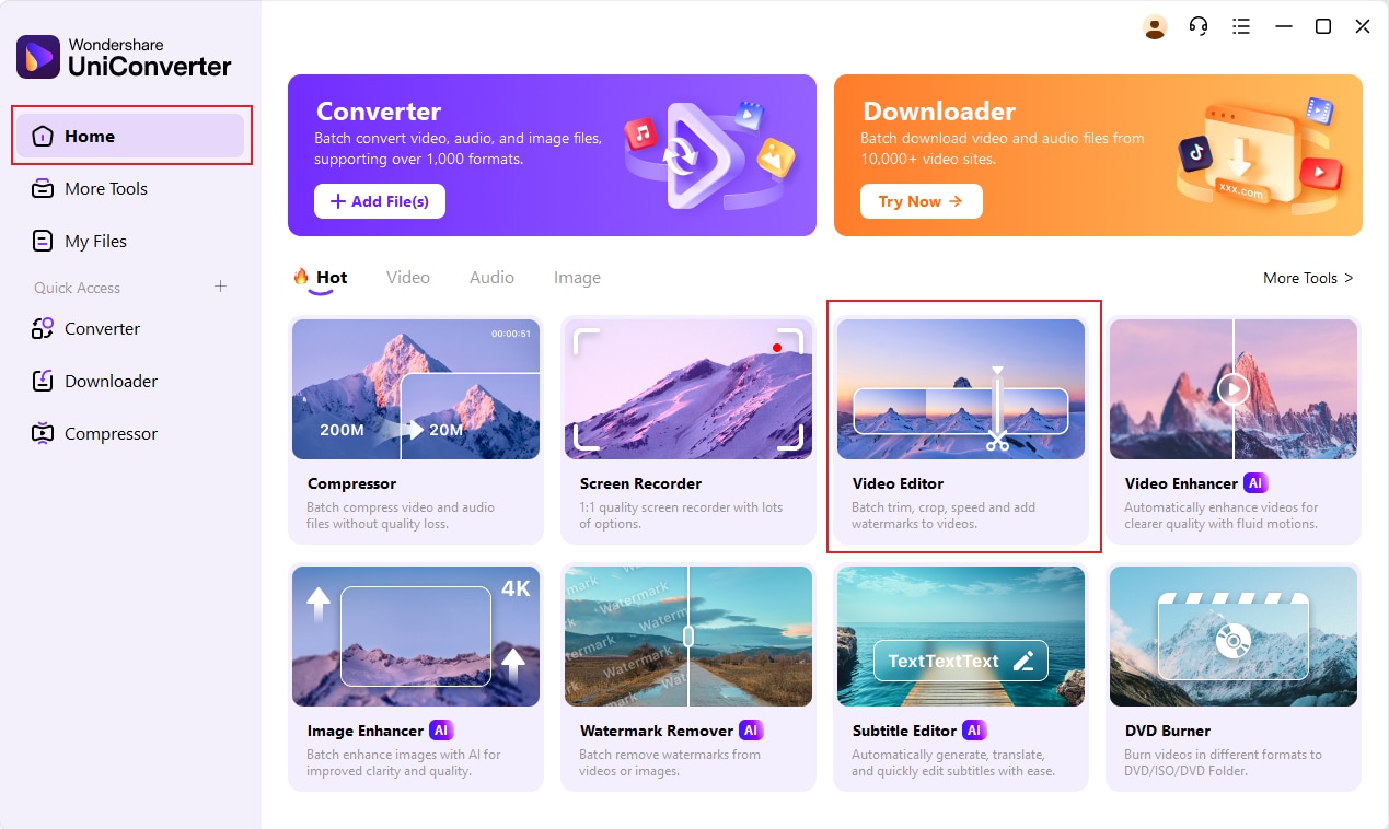 Плитка Video Editor на главном экране Wondershare UniConverter