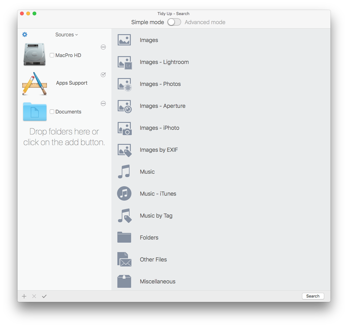 Tidy Up 6 в Simple Mode: выбор источников и готовых поисковых категорий