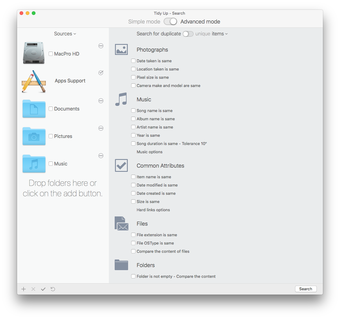 Tidy Up 6 в Advanced Mode: ручной выбор критериев поиска