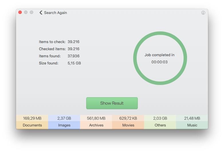 Tidy Up 6 Result Overview: сводка найденных элементов и кнопка Show Result