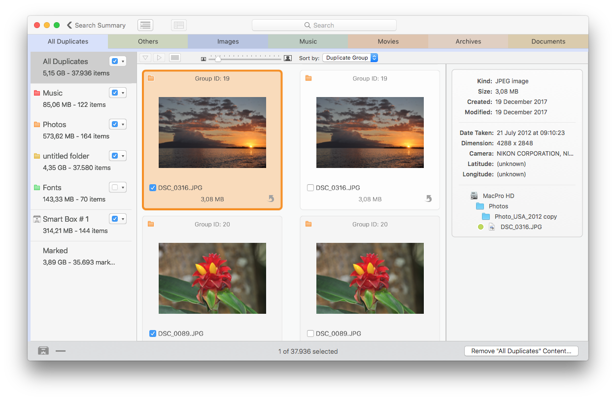 Tidy Up 6 Result Window в режиме сетки: группы дубликатов изображений