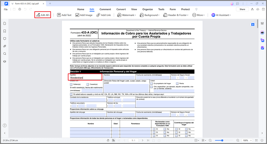 PDFelement: подготовка заполняемой формы