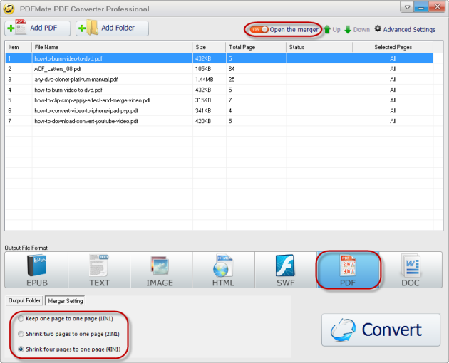 Настройки merger в PDFMate PDF Converter Professional
