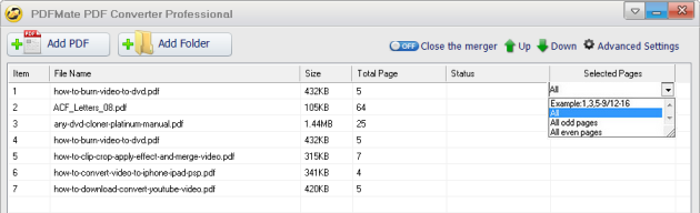 Выбор страниц через Selected Pages