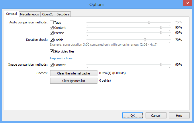 Окно Options в Similarity с настройками Tags, Content, Precise, Duration check, Image comparison methods и Caches