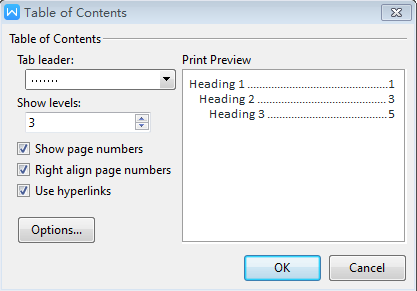 Окно настройки оглавления в WPS Writer
